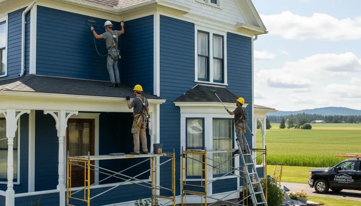 Painting contractors in Spokane, WA preparing a house exterior for professional repainting